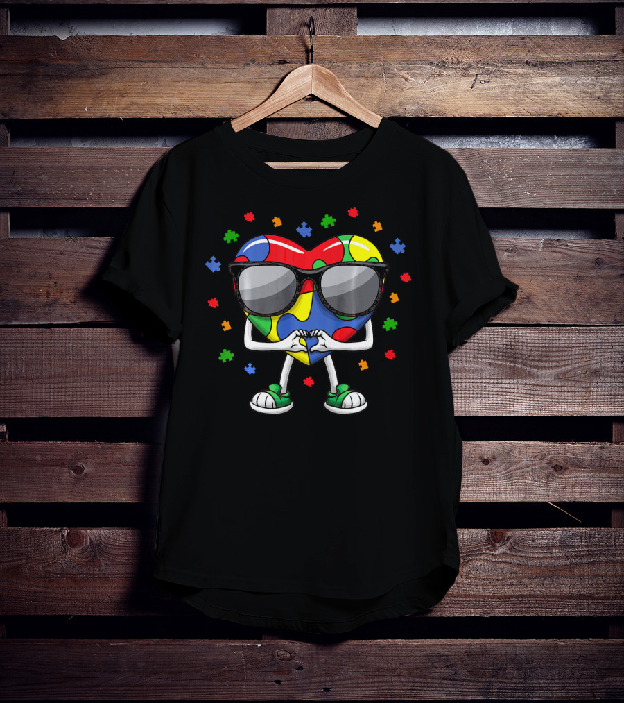 Autism Awareness Month Colorful Puzzle Heart With Sunglasses And Love Gesture T-Shirt