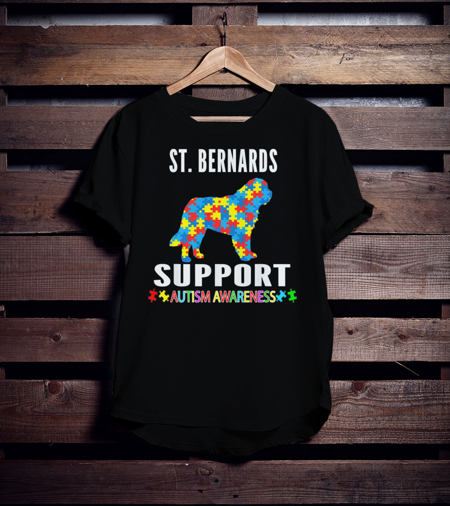 St. Bernards Support Autism Awareness Puzzle Piece Dog T-Shirt