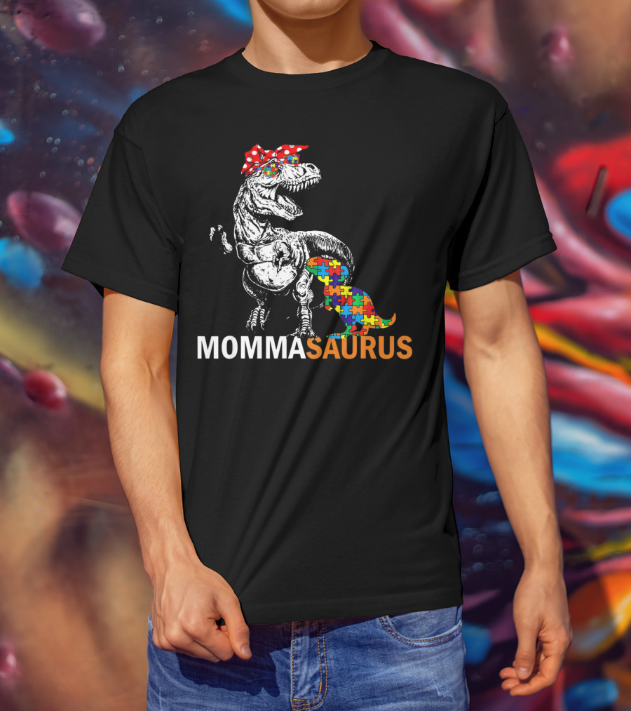 Momma Saurus Dinosaur With Autism Puzzle T-Shirt