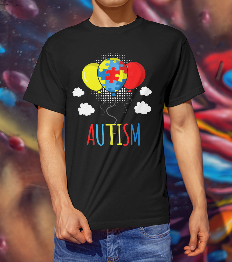Autism Awareness Puzzle Piece Balloons With Colorful Clouds T-Shirt