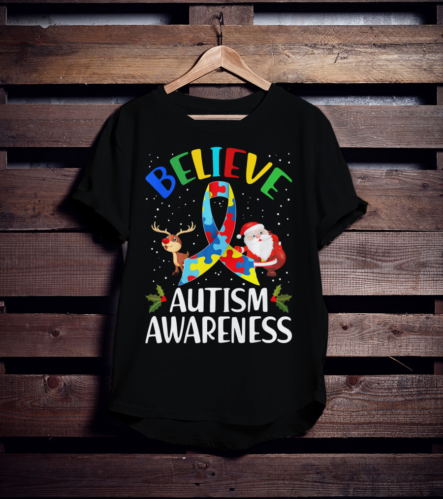 Believe Autism Awareness Santa Reindeer Puzzle Christmas T-Shirt