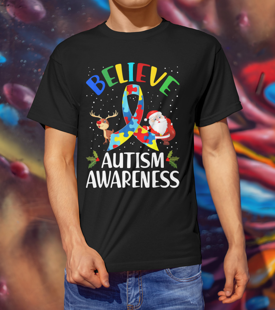 Believe Autism Awareness Santa Reindeer Puzzle Christmas T-Shirt