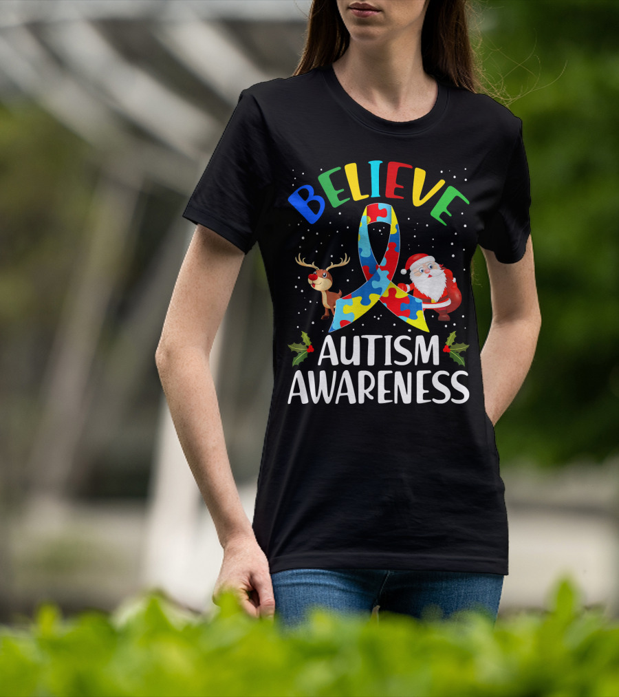 Believe Autism Awareness Santa Reindeer Puzzle Christmas T-Shirt