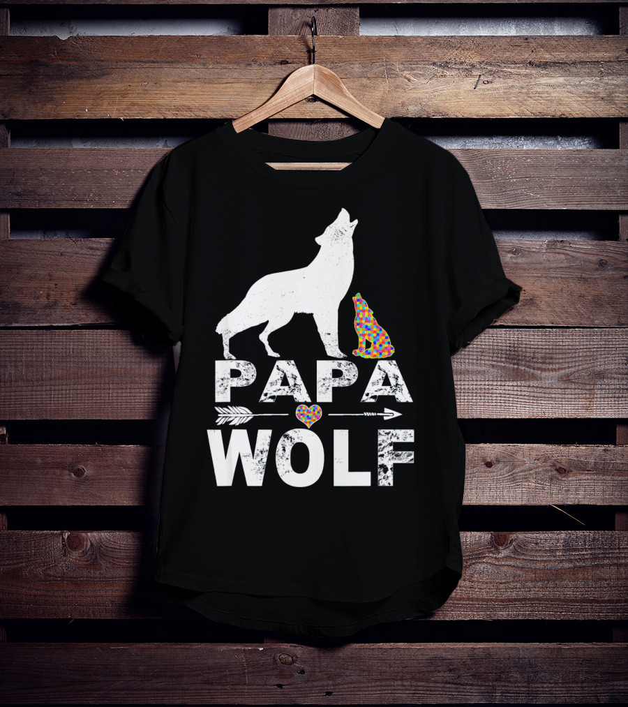 Papa Wolf Autism Awareness Puzzle Heart And Howling Pups T-Shirt