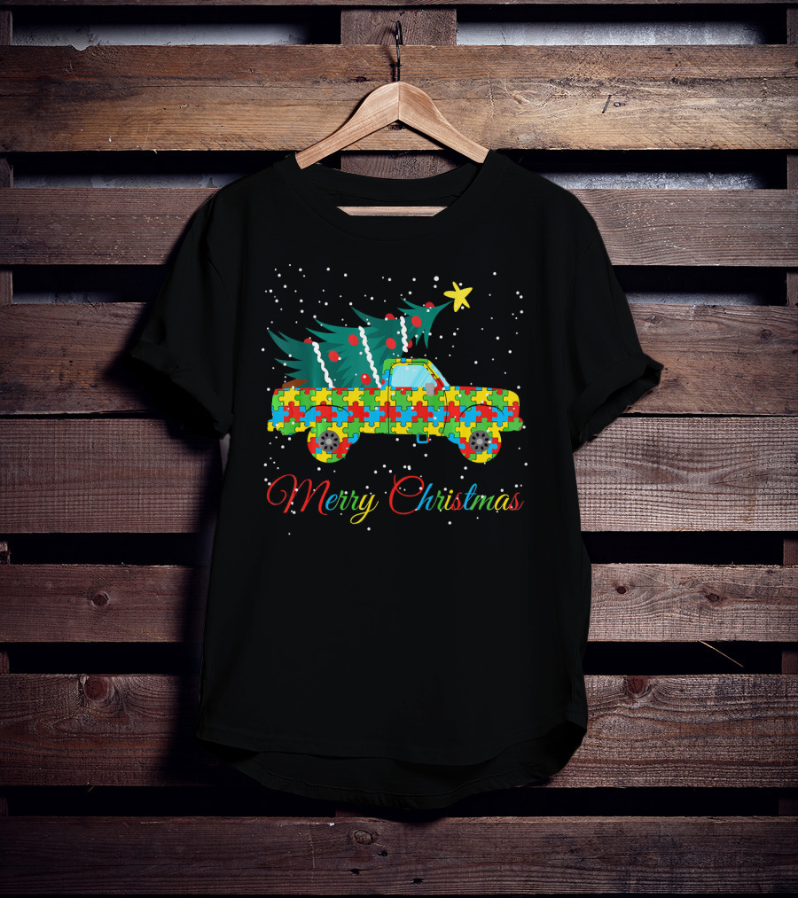Merry Christmas Puzzle Pickup Truck With Tree Autism Awareness T-Shirt