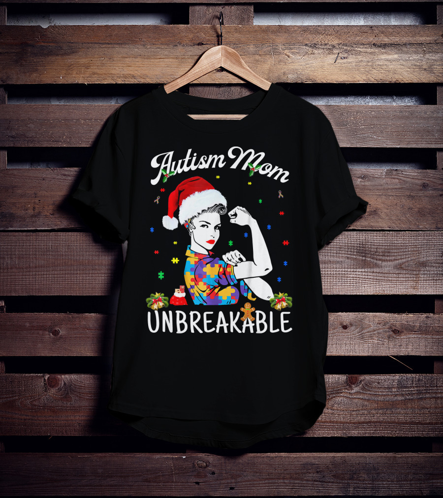 Autism Mom Unbreakable Santa Christmas Pride Puzzle Pieces T-Shirt