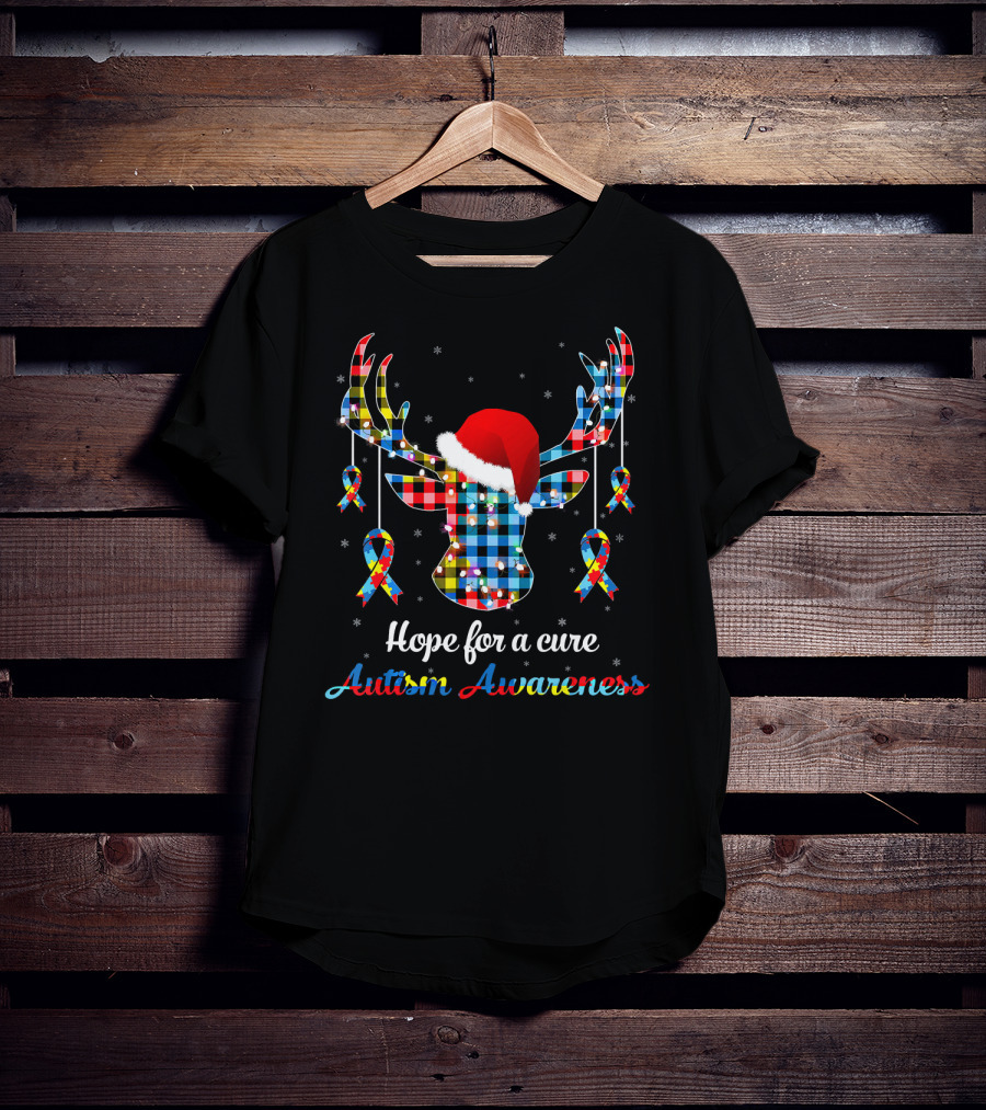 Hope For A Cure Autism Awareness Reindeer Plaid Santa Hat Ribbons T-Shirt
