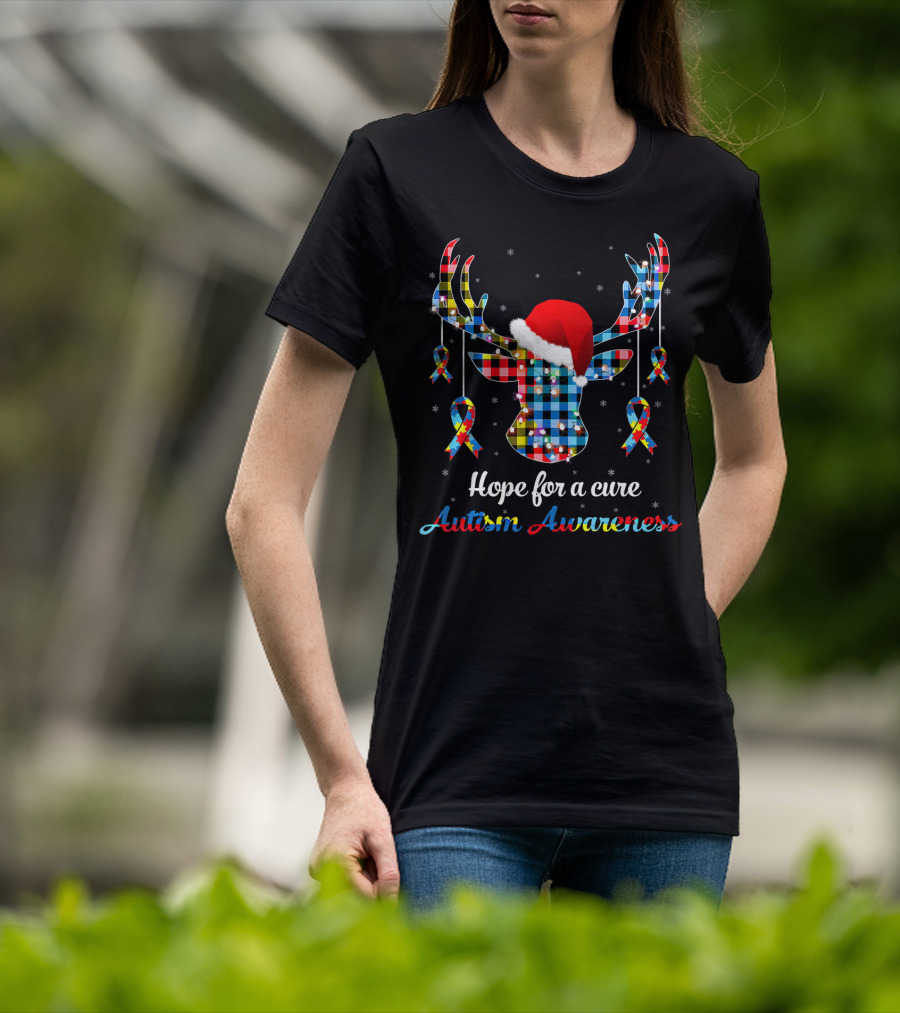 Hope For A Cure Autism Awareness Reindeer Plaid Santa Hat Ribbons T-Shirt