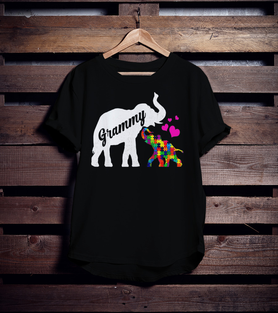 Grammy Elephant With Colorful Puzzle Piece Baby And Hearts For Autism Awareness T-Shirt