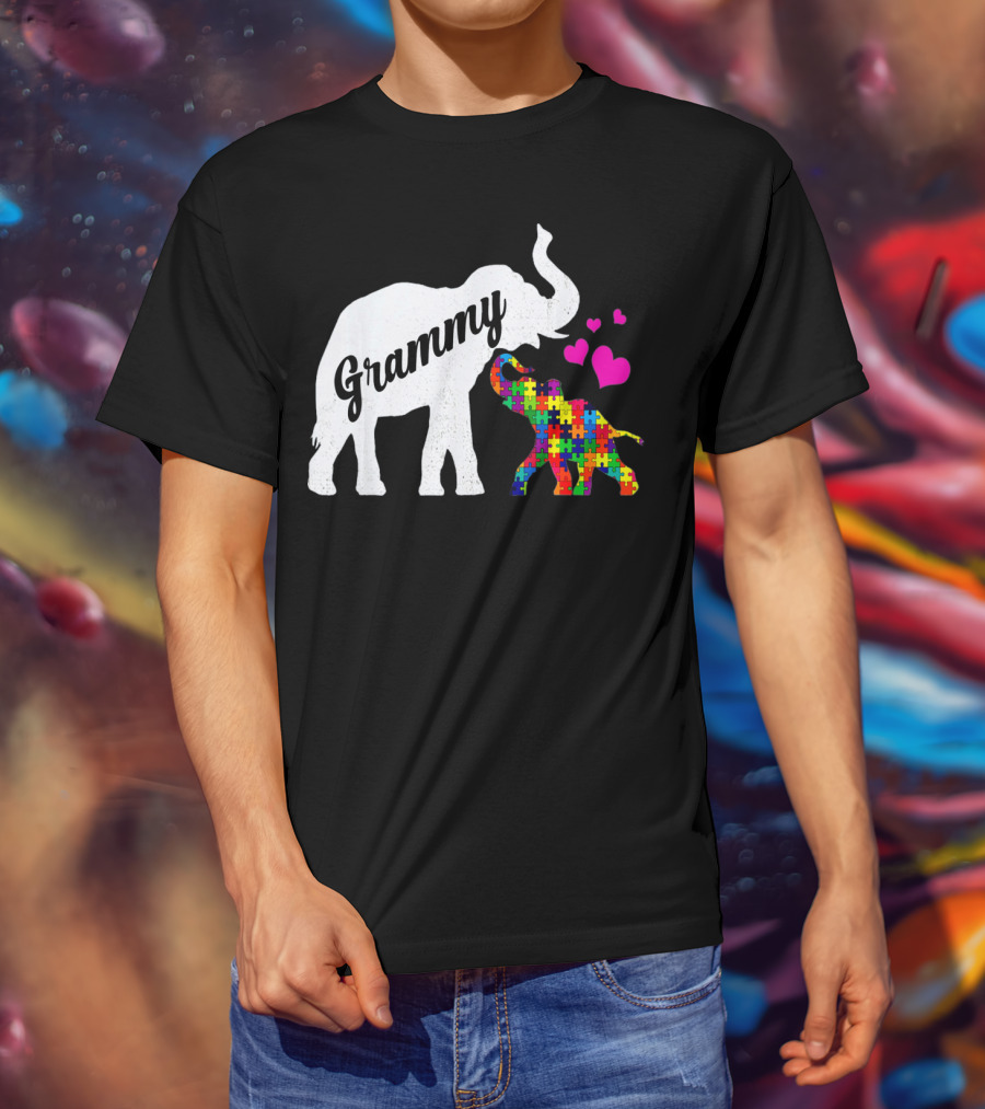 Grammy Elephant With Colorful Puzzle Piece Baby And Hearts For Autism Awareness T-Shirt