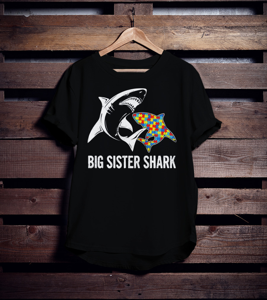 Big Sister Shark Autism Puzzle Piece Awareness T-Shirt
