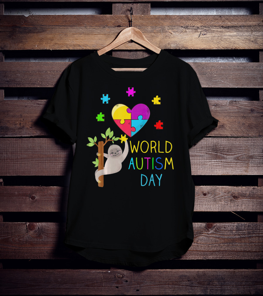 World Autism Day Sloth Heart Puzzle Pieces T-Shirt