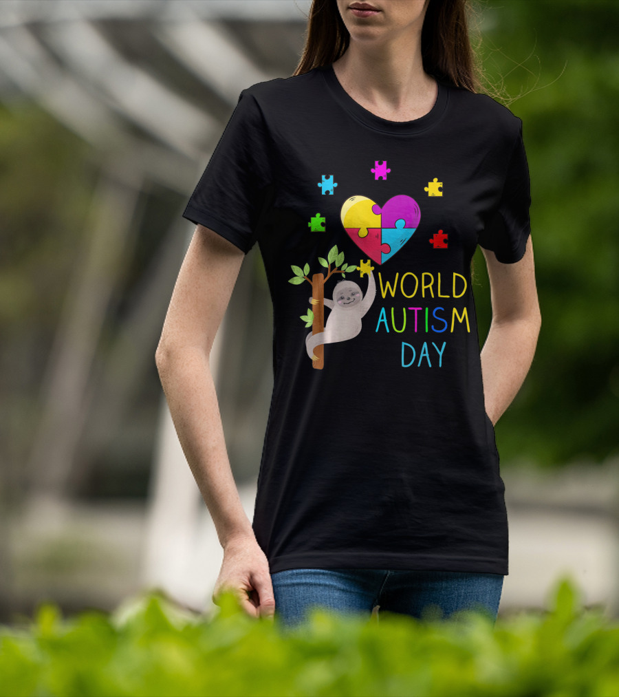 World Autism Day Sloth Heart Puzzle Pieces T-Shirt