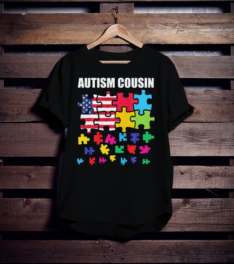 Autism Cousin Puzzle Pieces USA Flag Autism Awareness T-Shirt