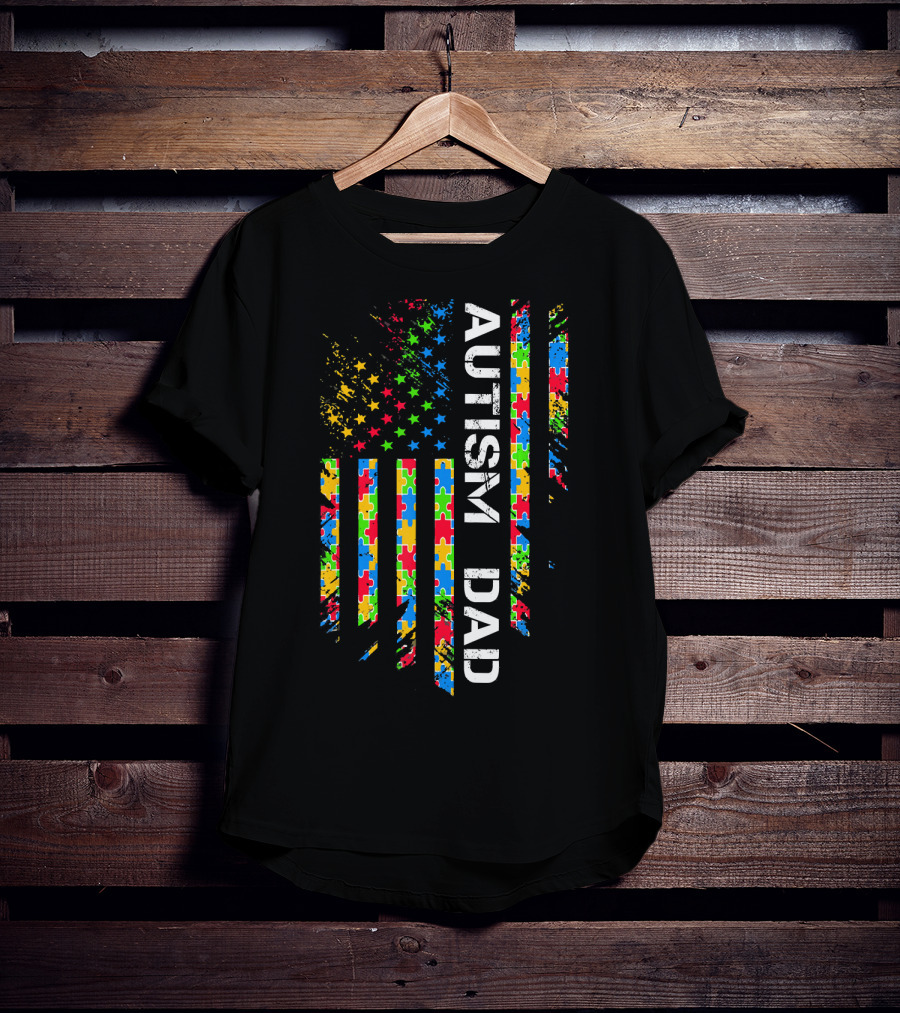 Autism Dad Puzzle Piece Flag USA Awareness T-Shirt