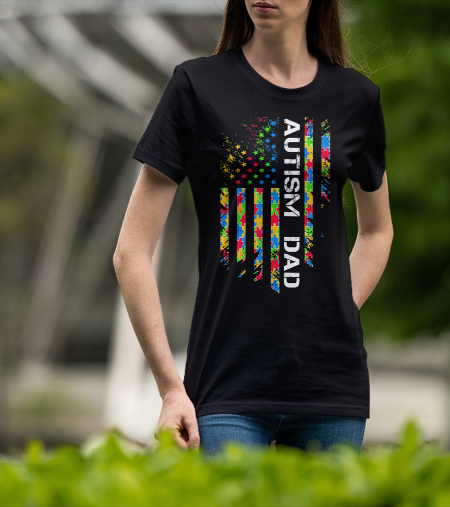 Autism Dad Puzzle Piece Flag USA Awareness T-Shirt