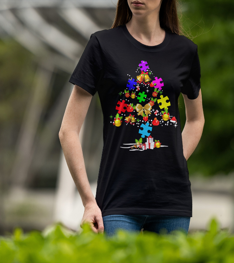 Autism Awareness Christmas Tree Puzzle Piece Ornament Festive Holiday T-Shirt