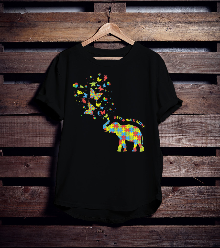 Elephants And Butterflies Autism Awareness Never Walk Alone T-Shirt