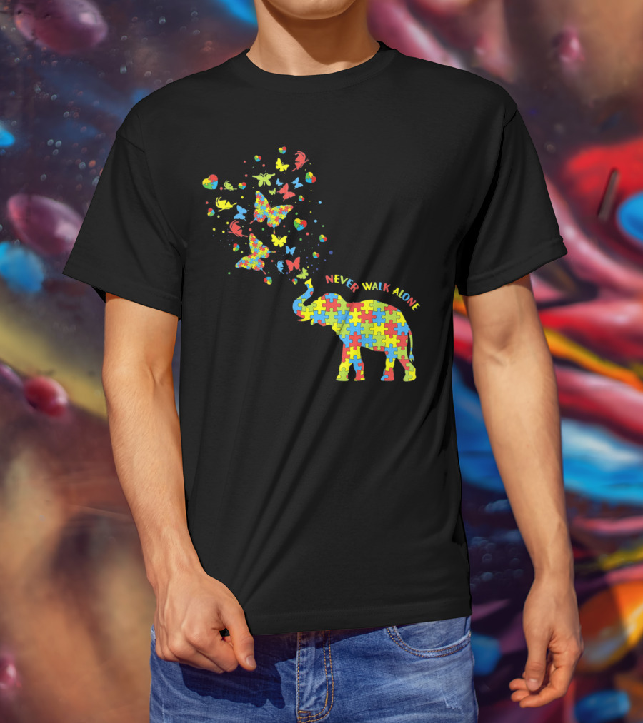Elephants And Butterflies Autism Awareness Never Walk Alone T-Shirt