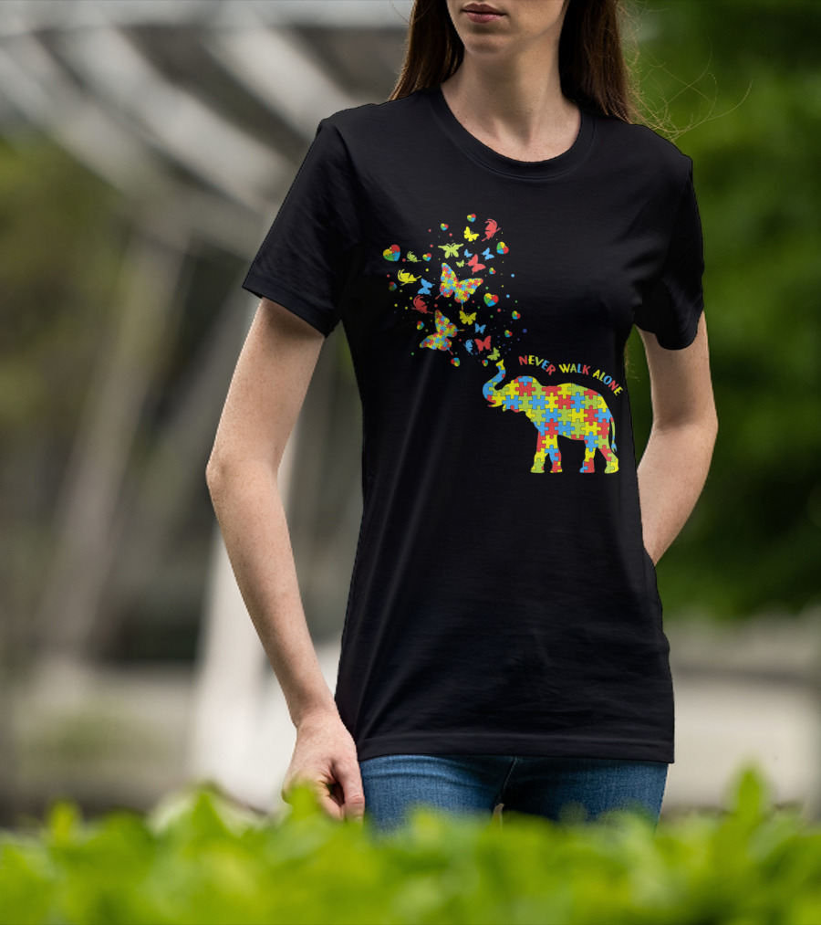 Elephants And Butterflies Autism Awareness Never Walk Alone T-Shirt