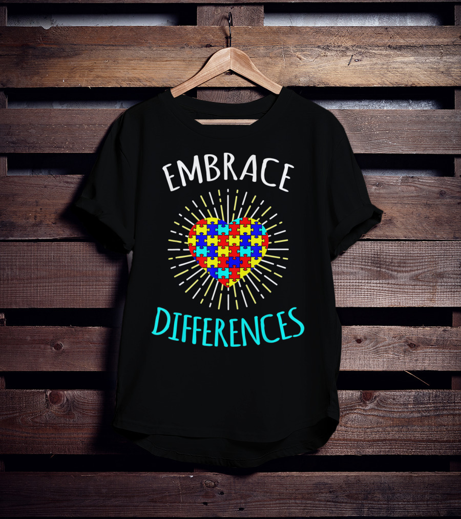 Embrace Differences Autism Awareness Puzzle Heart Rib T-Shirt