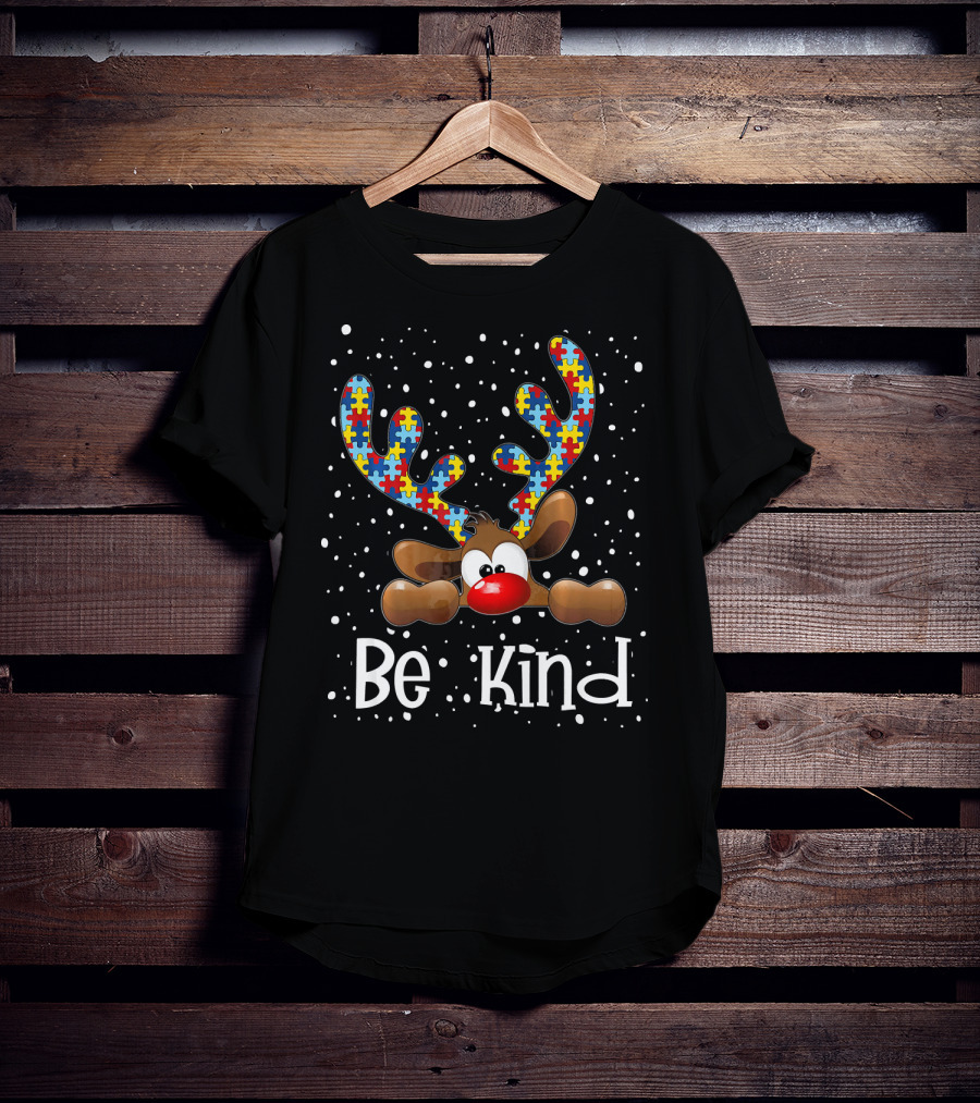 Be Kind Autism Awareness Reindeer With Puzzle Piece Antlers T-Shirt
