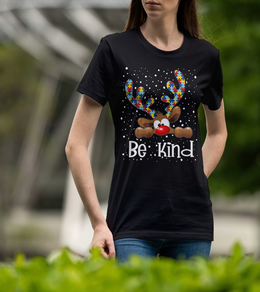 Be Kind Autism Awareness Reindeer With Puzzle Piece Antlers T-Shirt