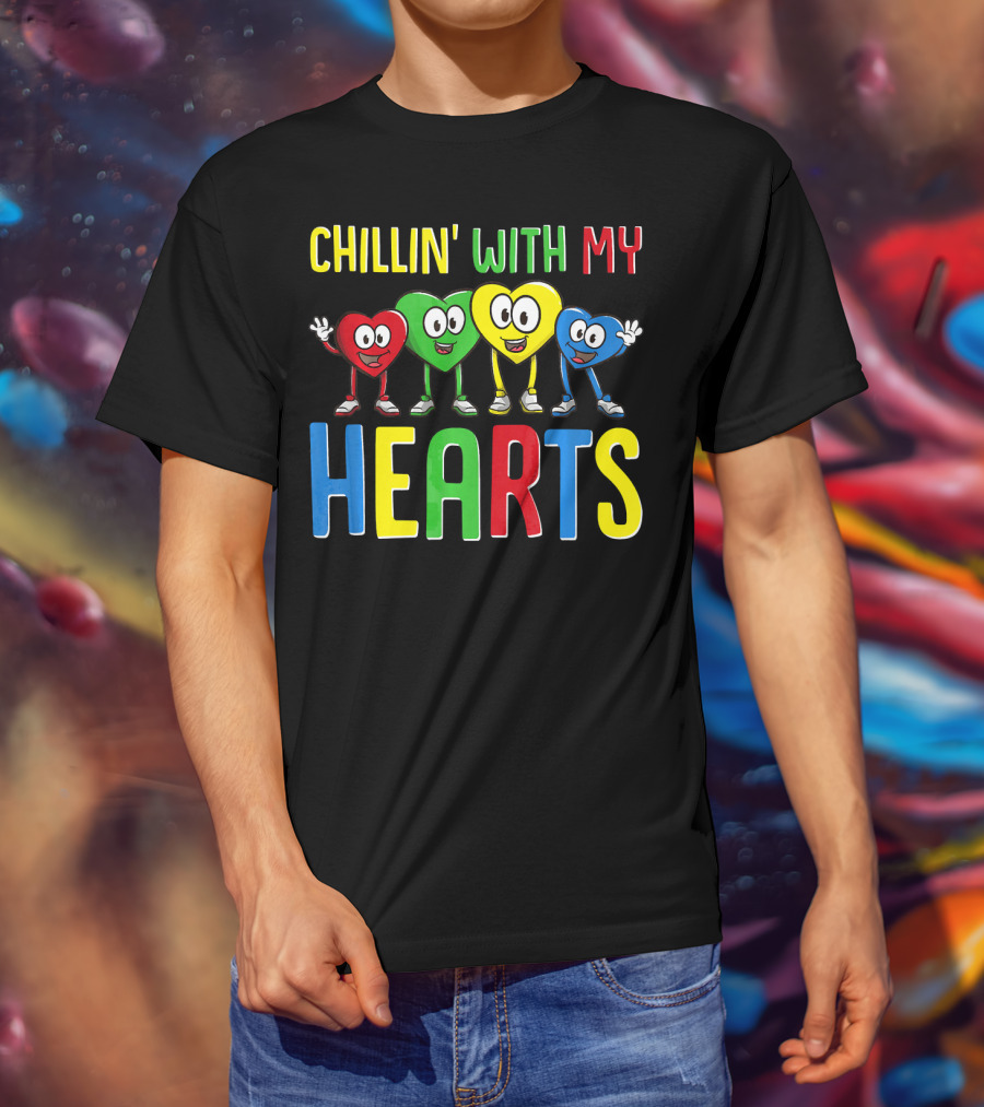 Chillin With My Hearts Colorful Cartoon Characters T-Shirt
