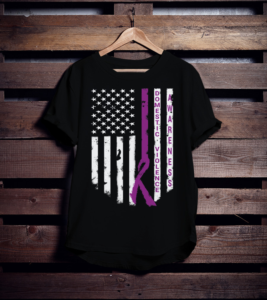 Domestic Violence Awareness Purple Ribbon American Flag T-Shirt