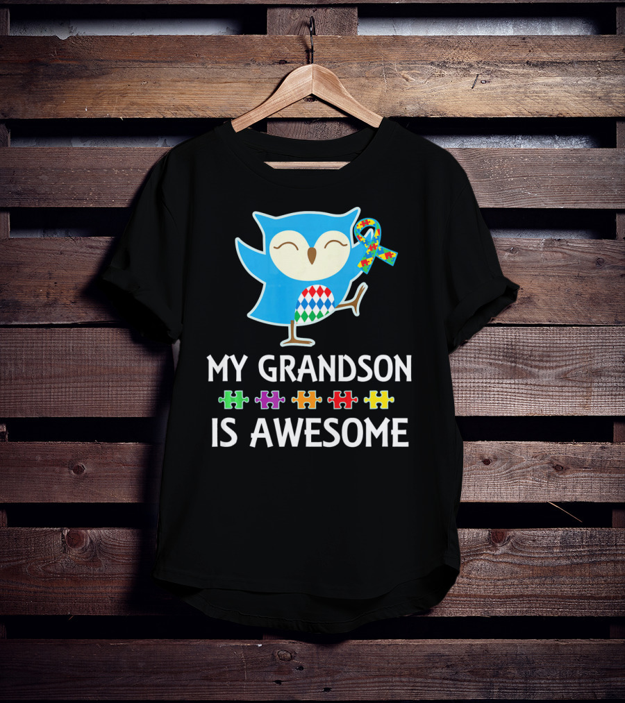 Autism Awareness My Grandson Is Awesome Owl Puzzle T-Shirt