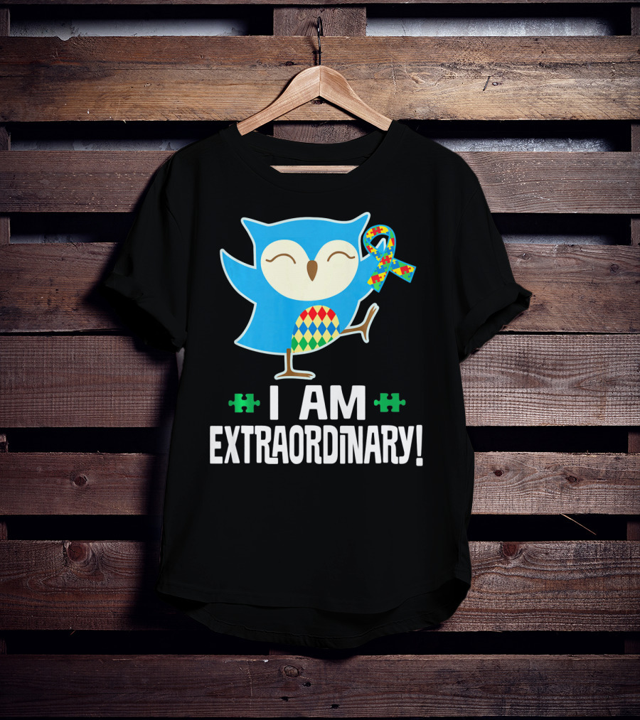 I Am Extraordinary Autism Awareness Autistic Spectrum Disor Puzzle Ribbon Owl T-Shirt