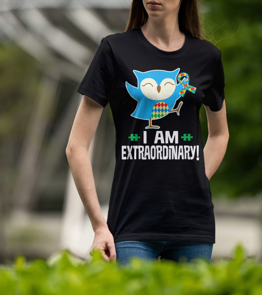 I Am Extraordinary Autism Awareness Autistic Spectrum Disor Puzzle Ribbon Owl T-Shirt