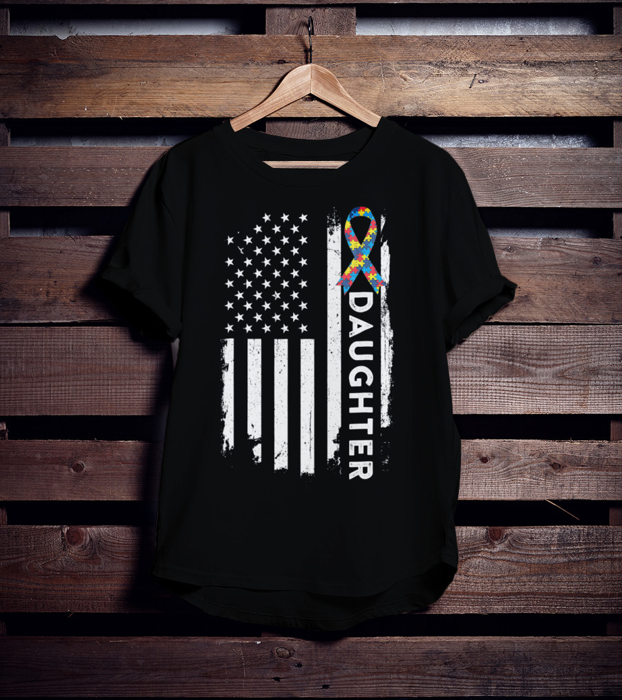 Daughter Autism Awareness American Flag Puzzle T-Shirt