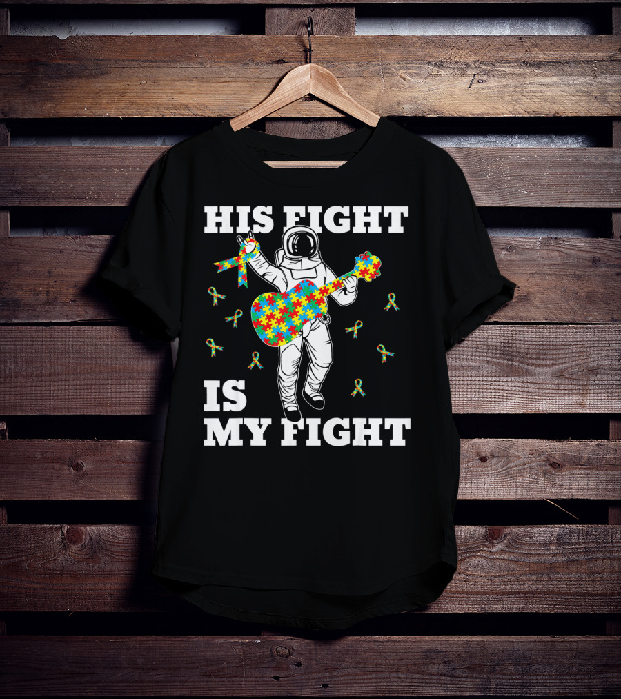 His Fight Is My Fight Autism Awareness Astronaut With Puzzle Guitar T-Shirt