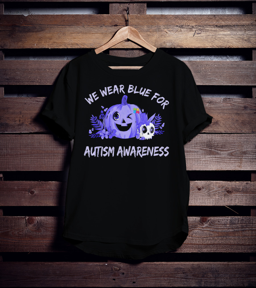 We Wear Blue For Autism Awareness Pumpkin Winking Face T-Shirt