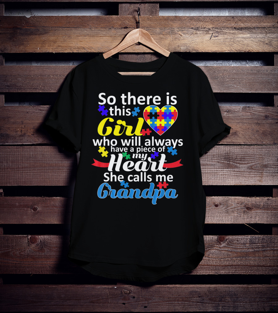 Autism Awareness Puzzle Heart Girl Grandpa T-Shirt