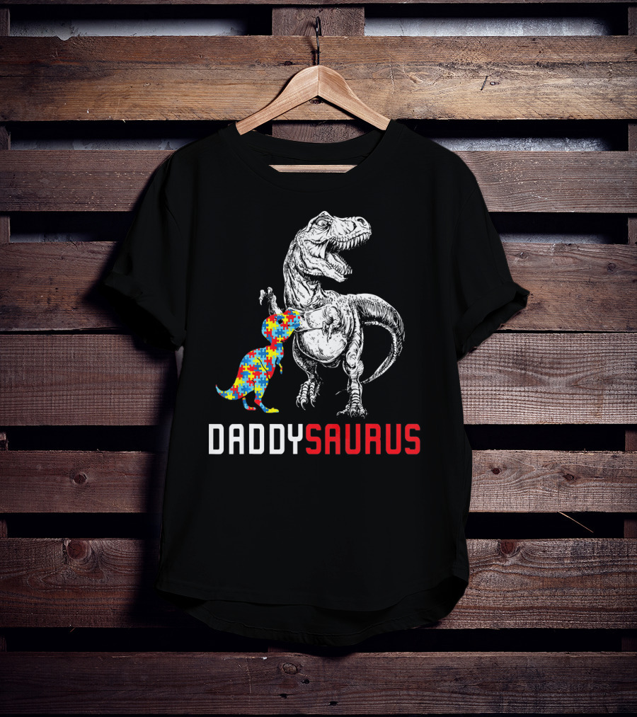 Daddysaurus Dinosaur With Colorful Puzzle Autism Awareness Dad T-Shirt