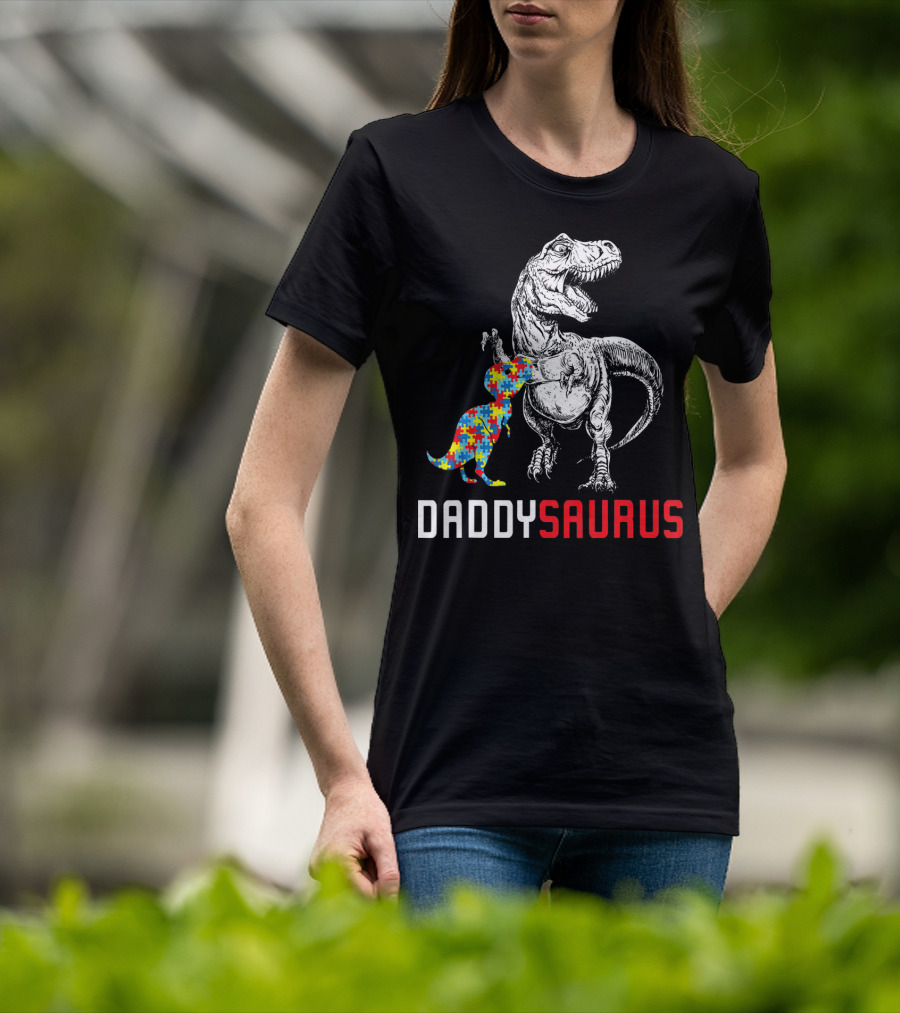 Daddysaurus Dinosaur With Colorful Puzzle Autism Awareness Dad T-Shirt