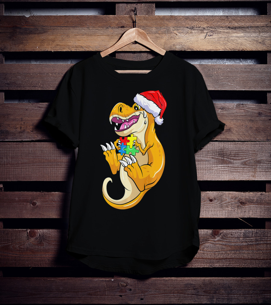 Christmas Autism Awareness Dinosaur Santa Hat Puzzle Pieces T-Shirt