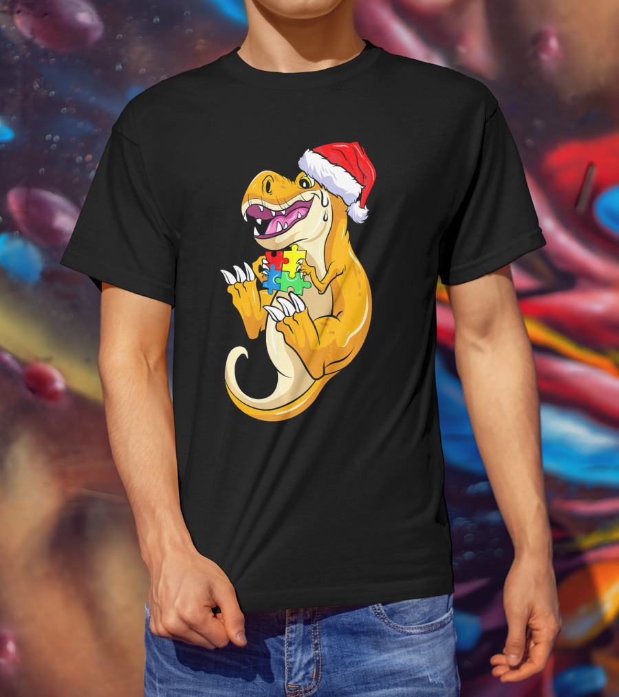 Christmas Autism Awareness Dinosaur Santa Hat Puzzle Pieces T-Shirt