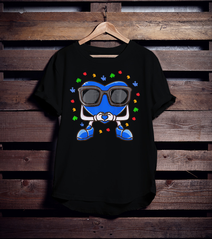 Autism Awareness Month Blue Heart Love Glasses Puzzle Pieces T-Shirt