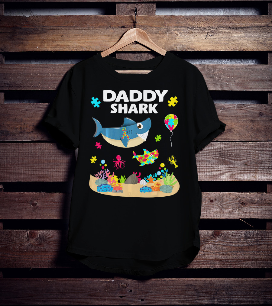 Daddy Shark Funny Autism Awareness Underwater Scene With Balloons And Puzzle Pieces T-Shirt
