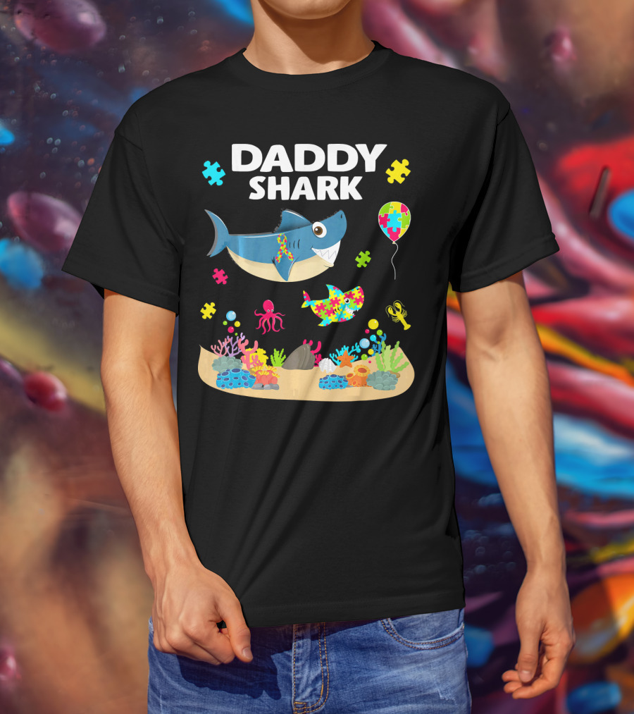Daddy Shark Funny Autism Awareness Underwater Scene With Balloons And Puzzle Pieces T-Shirt