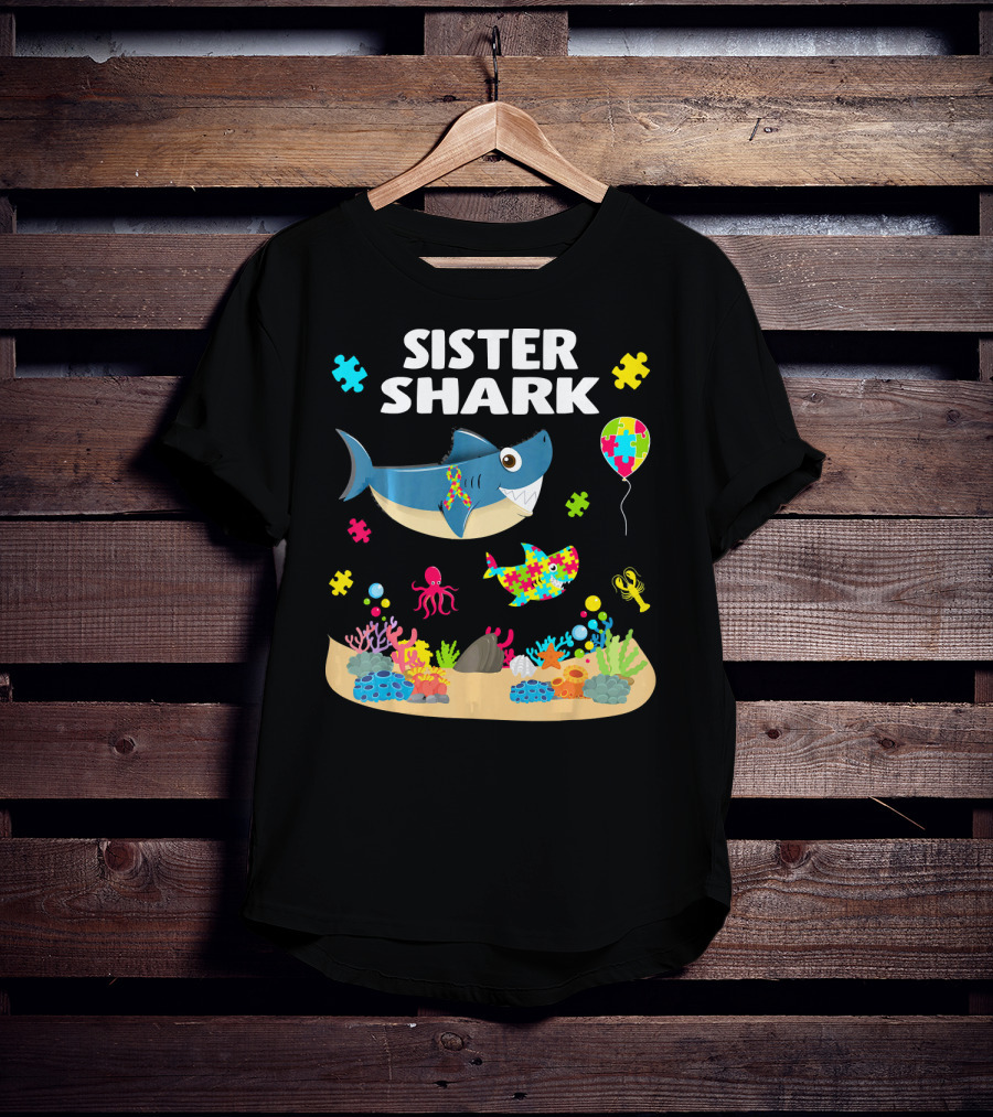 Sister Shark Autism Awareness Puzzle Pieces Ocean T-Shirt