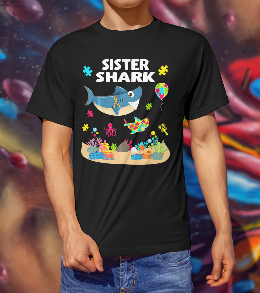 Sister Shark Autism Awareness Puzzle Pieces Ocean T-Shirt