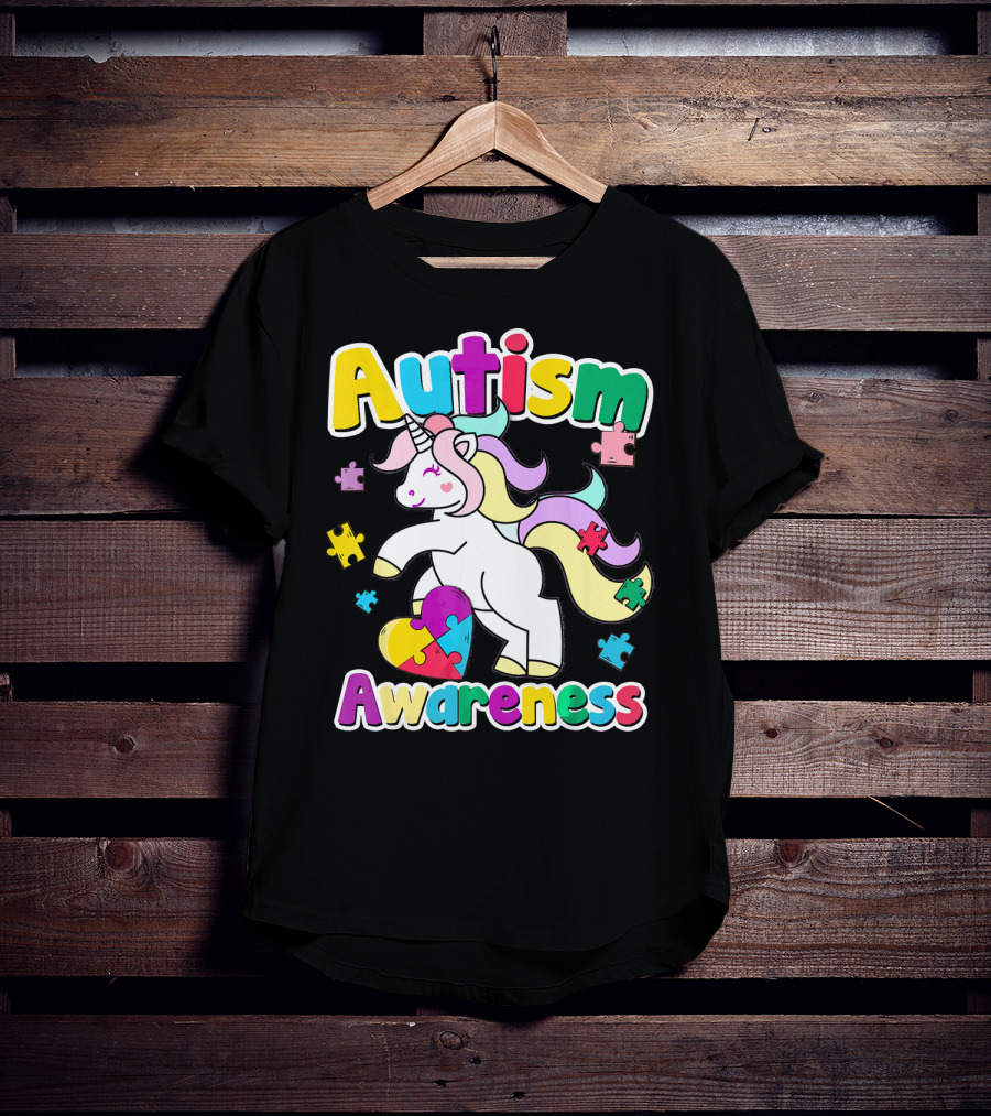 Autism Awareness Unicorn Puzzle Pieces Rainbow Heart T-Shirt