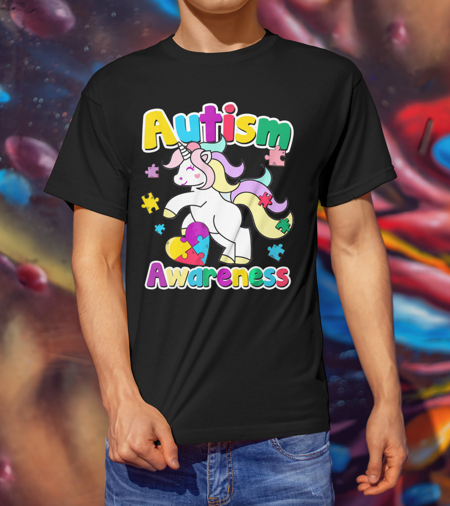 Autism Awareness Unicorn Puzzle Pieces Rainbow Heart T-Shirt