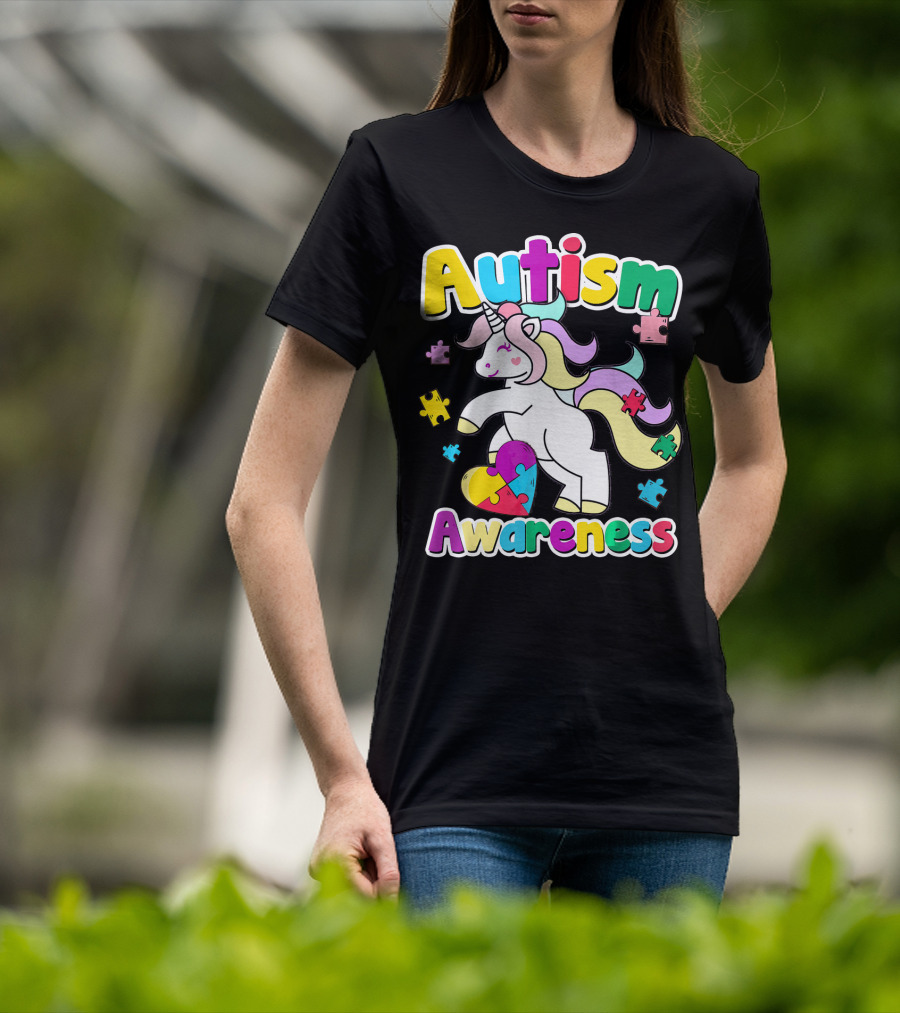 Autism Awareness Unicorn Puzzle Pieces Rainbow Heart T-Shirt