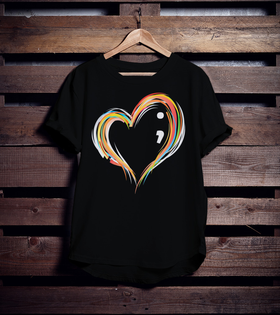 Heart Semicolon Rainbow Design For Mental Health Awareness T-Shirt