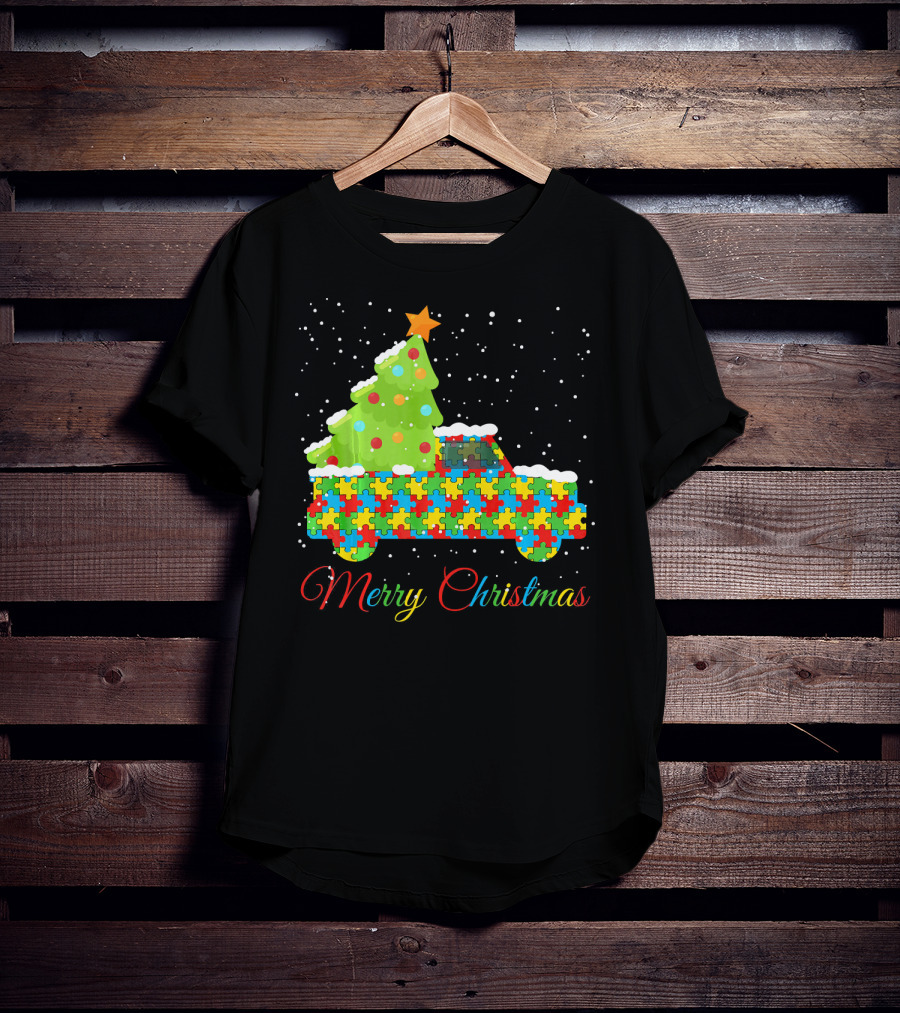 Merry Christmas Puzzle Truck Autism Awareness T-Shirt